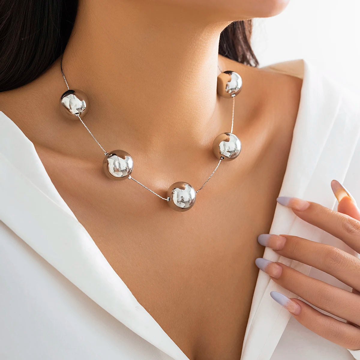 Salircon Punk Simple Metal Big Ball Bead Chain Clavicle Necklace Gothic Aesthetics Fine Snake Chain Choker Women's Trend Jewelry
