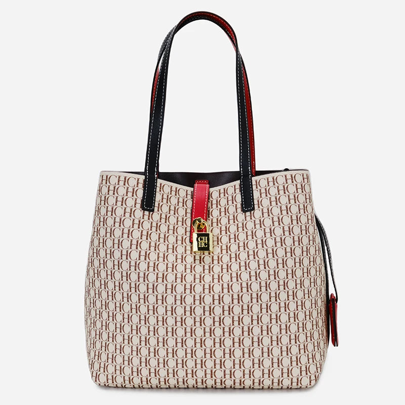 CH Women's Shoulder Bag Simple Large Capacity Letters Print Design Small Metal Accessories Daily Commuter Tote Bag Pure Color