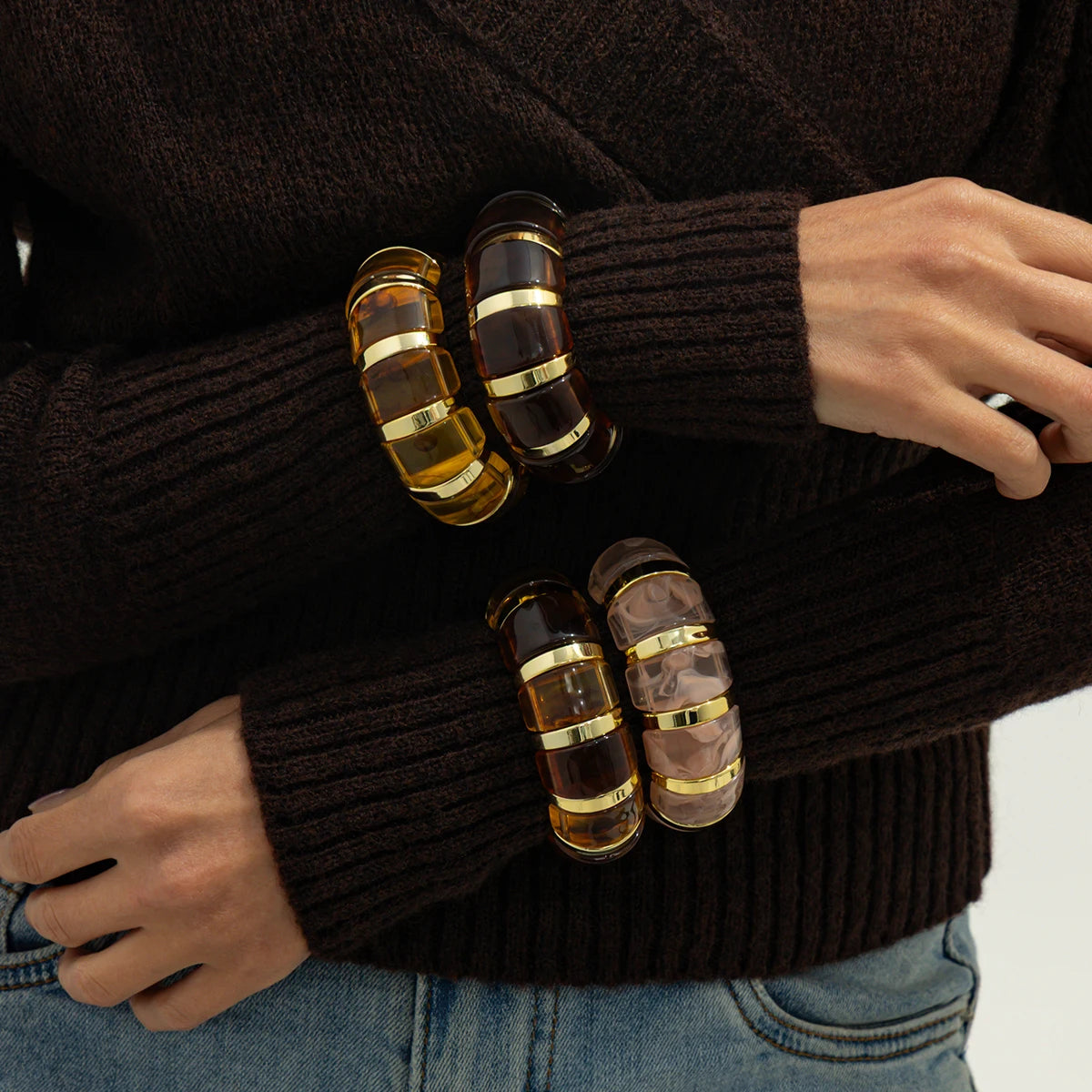 Salircon Vintage Acrylic Amber Elastic Geometric Bracelets Women Trendy Stretchy Resin Splice Cuff Bangles Couple Jewelry 2026