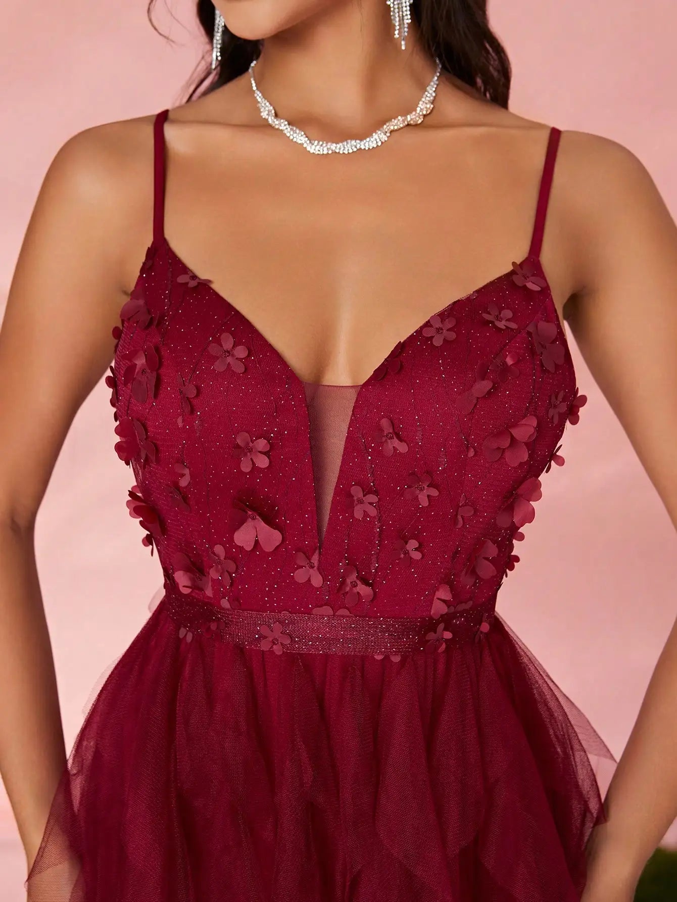 V-neck sexy three-dimensional embroidery bar, spliced three-dimensional mesh lotus leaf dress, big split long dress