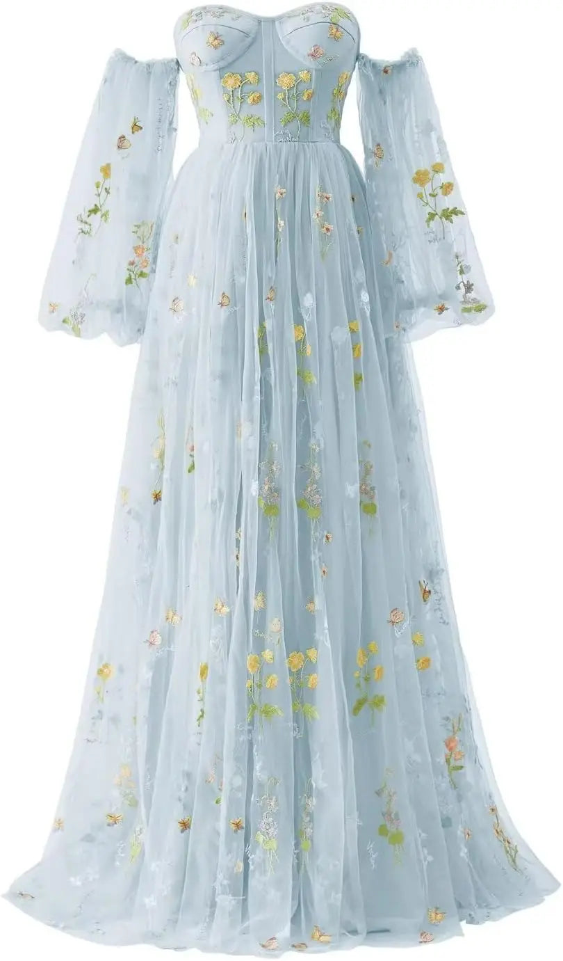 Tulle Prom Dresses for Women Flower Embroidery A-Line Formal Evening Party Gowns Formal Dress Women Elegant Evening Dress