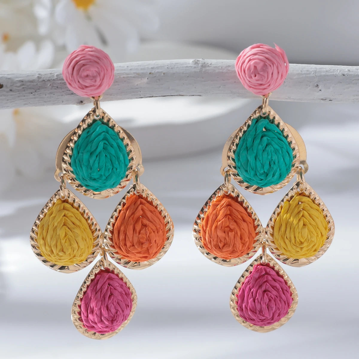 Women's Bohemian Fashion Handmade Water Drop Long Earrings Colorful Rattan Knit Raffia Hanging Party Jewelry Accessory