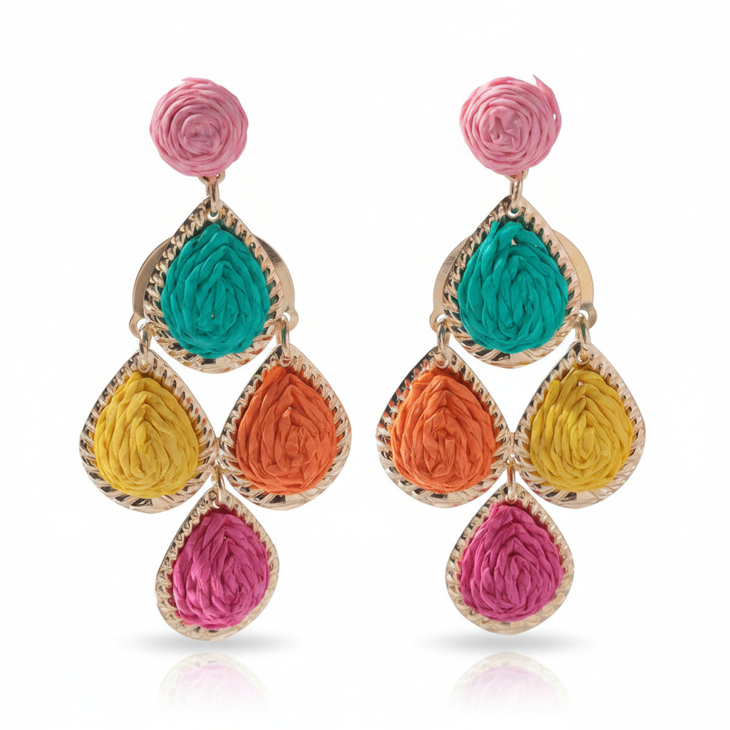 Women's Bohemian Fashion Handmade Water Drop Long Earrings Colorful Rattan Knit Raffia Hanging Party Jewelry Accessory