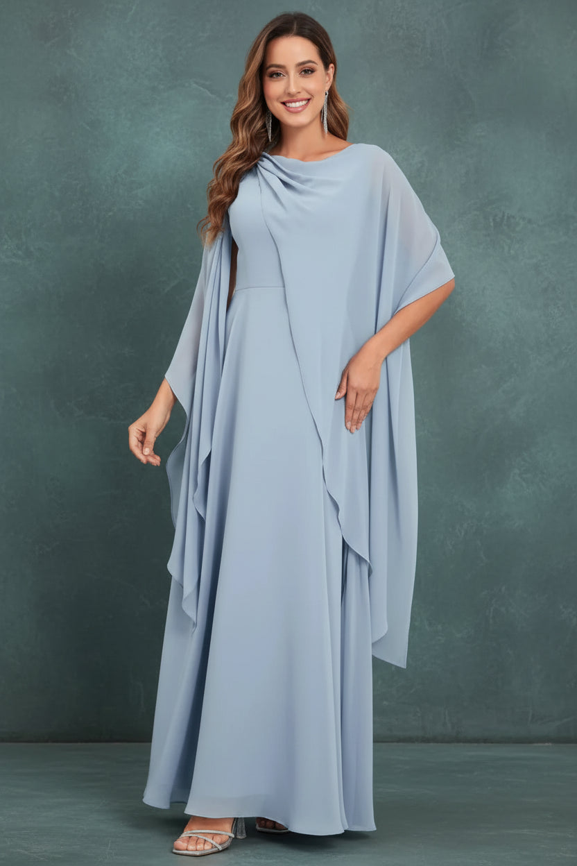 Scoop Neck Mother of The Bride Dresses Cape Shawl Ruffle Long Formal Evening Gowns Chiffon A Line Wedding Guest Bridesmaid Dress