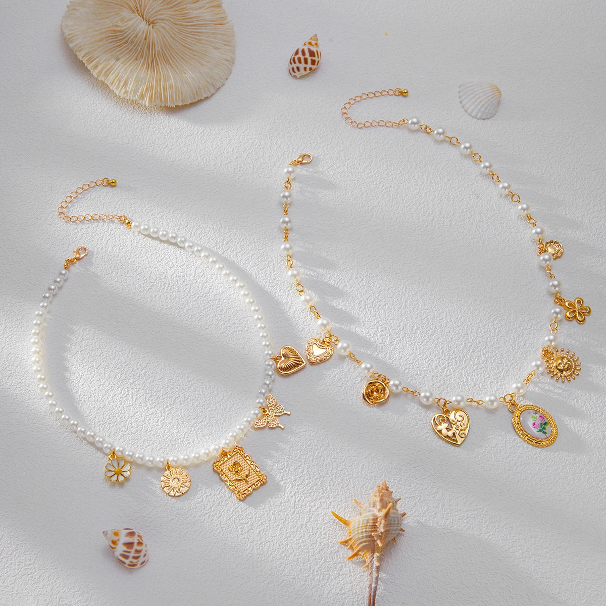 Salircon Exquisite 2Pcs/Set Butterfly Sunflower Heart Pendant Necklace Women luxury Imitation Pearl Charm Trendy Choker Jewelry