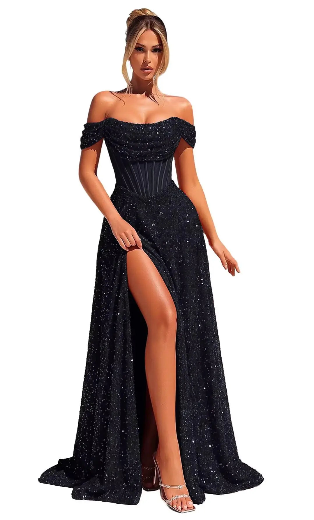 Customized Sparkly Sequins Prom Dresses for Women Off Shoulder Strapless A Line Formal Evening Dress with Side Slit