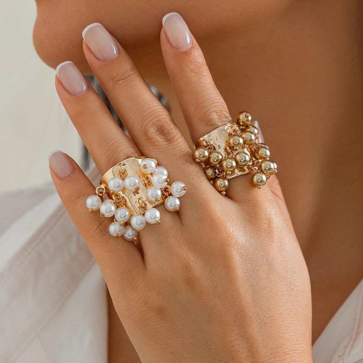 Salircon Trendy Imitation Pearl Stone CCB Small Ball Ring Women's Man 2024 Vintage Street Punk Hip Hop Ring Female Jewelry