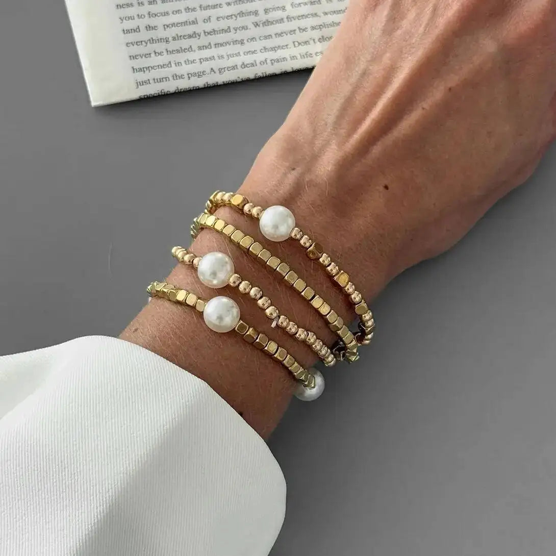Salircon 4 Pcs/Set Bohemian Imitation Pearl CCB Beaded Bracelets for Women Vintage Handmade Stretch Bangle Couple Trendy Jewelry