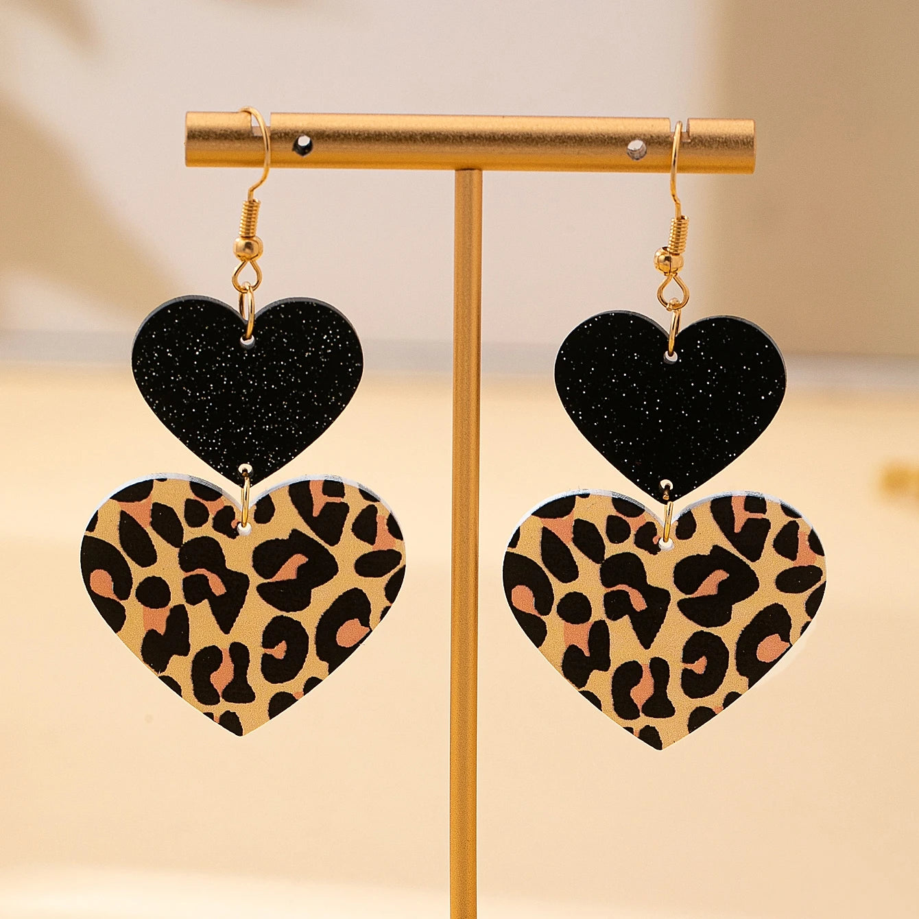 Women's Pendant Earrings Leopard Print Two Hearts Leopard Print Earrings Suitable for Daily Wear and Vacation Wear
