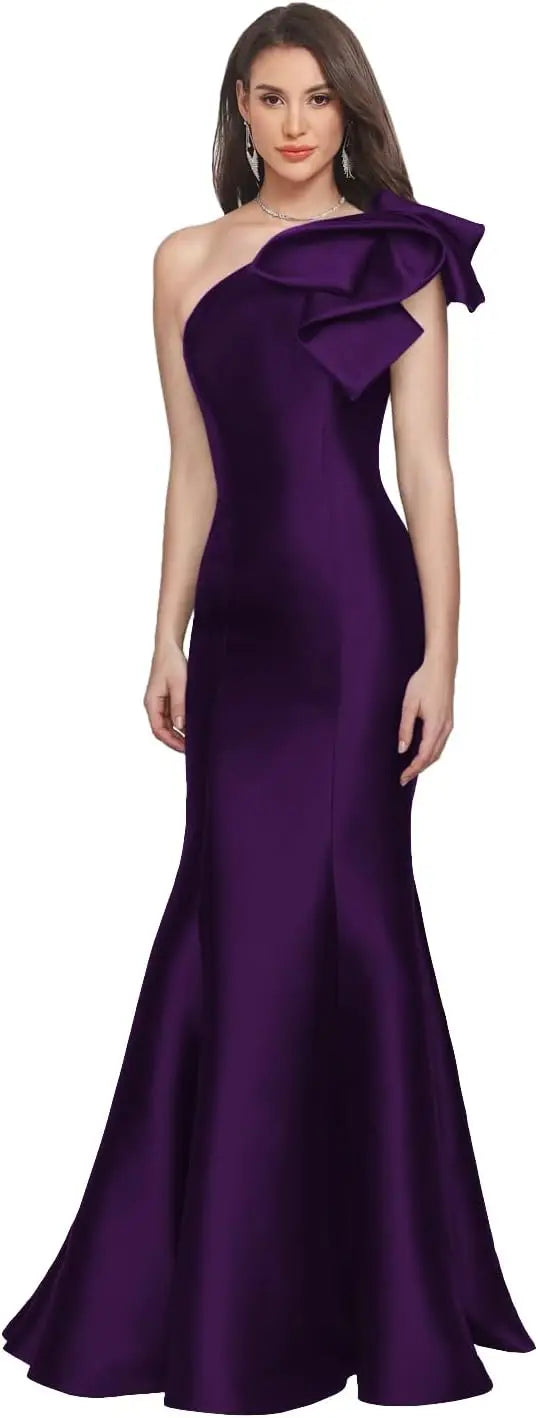 One Shoulder Prom Dresses Satin Mermaid Long Gowns With Bow
