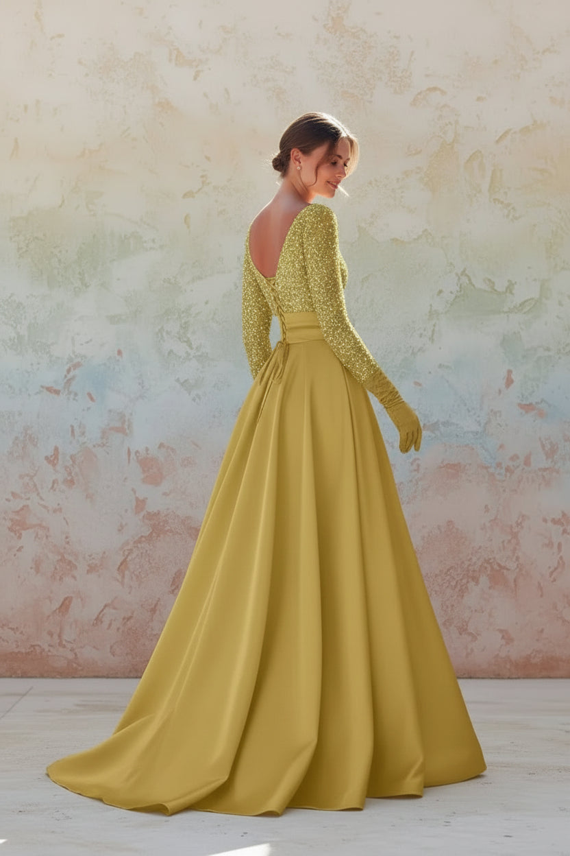 Long Sleeves Mother Of The Bride Dresses For Wedding Sparkly Sequin Ball Gowns Side Slit Satin Formal Party Prom Gown