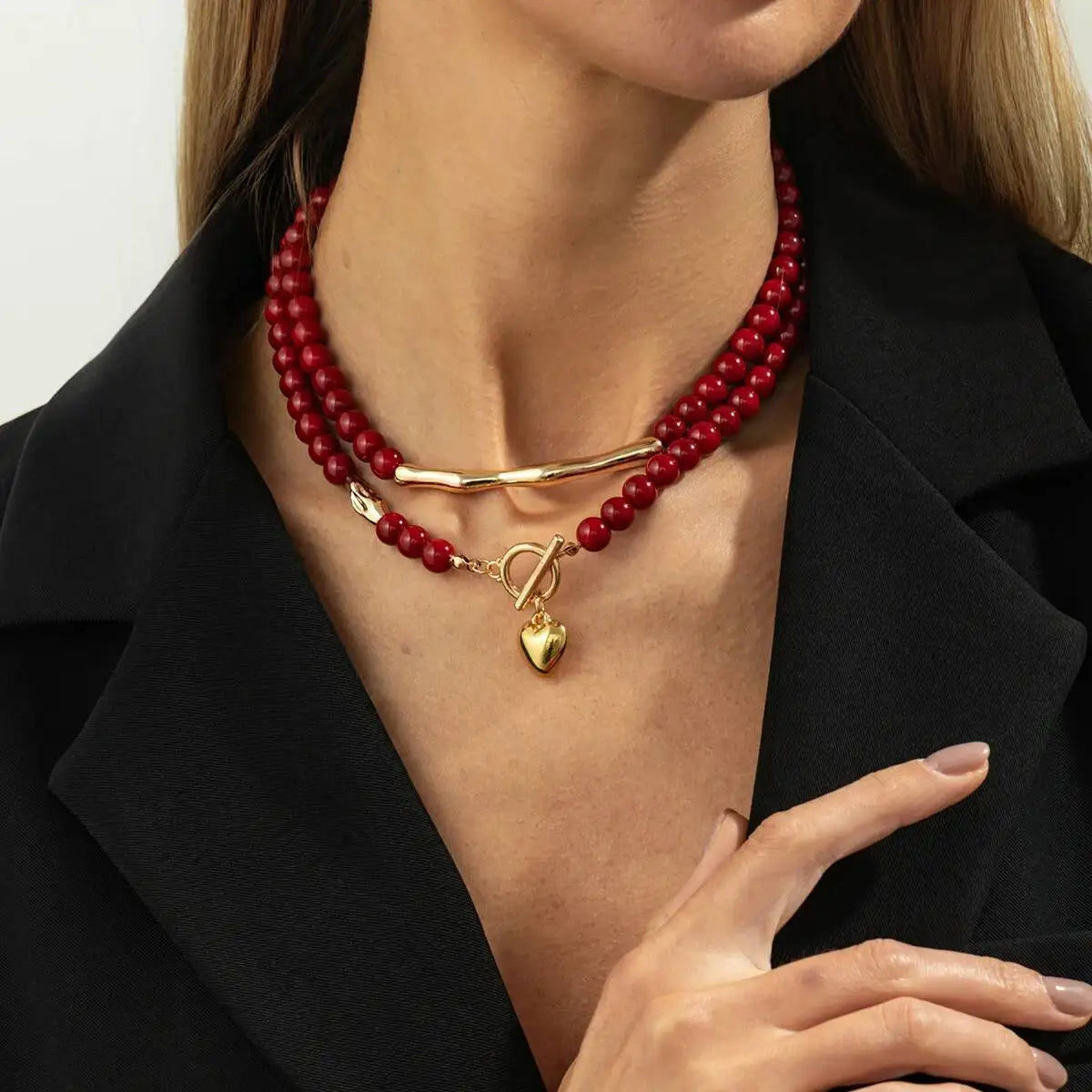 KunJoe Vintage Red Acrylic Beaded Choker Necklace for Women Trendy Stacked Love Heart Pendant Necklace New Year Jewelry Gifts