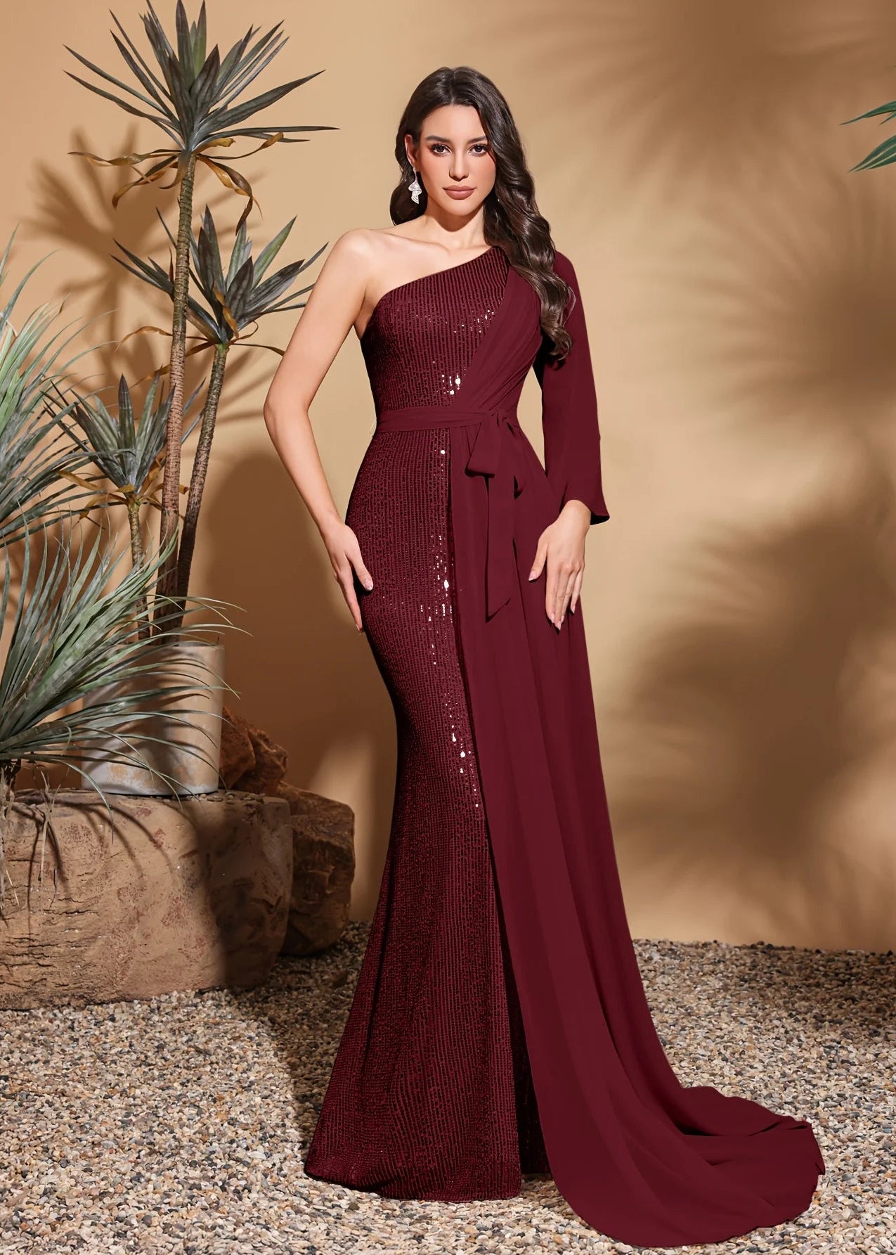 Sequined one-shoulder chiffon patchwork belt-decorated hip dress