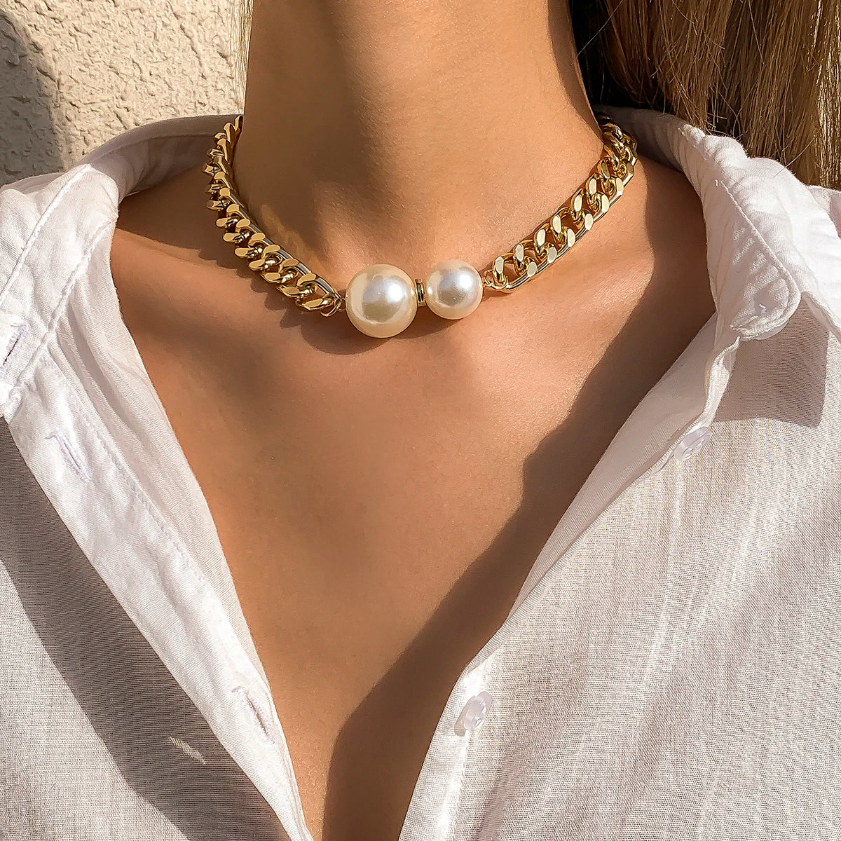Vintage Punk Cuban Chains Necklaces Women Gothic Imitation-Pearl Pendant Necklace Girl Chokers Fashion Accessories Jewellery