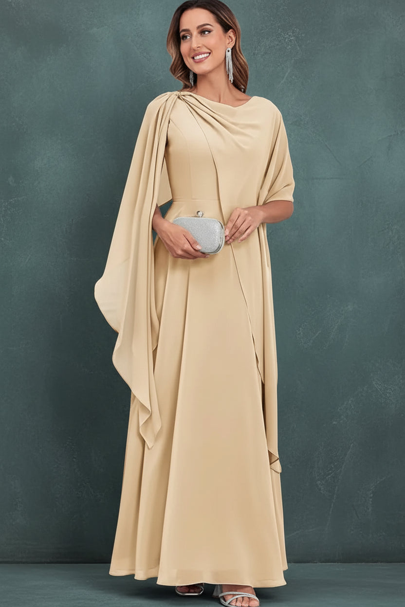 Scoop Neck Mother of The Bride Dresses Cape Shawl Ruffle Long Formal Evening Gowns Chiffon A Line Wedding Guest Bridesmaid Dress