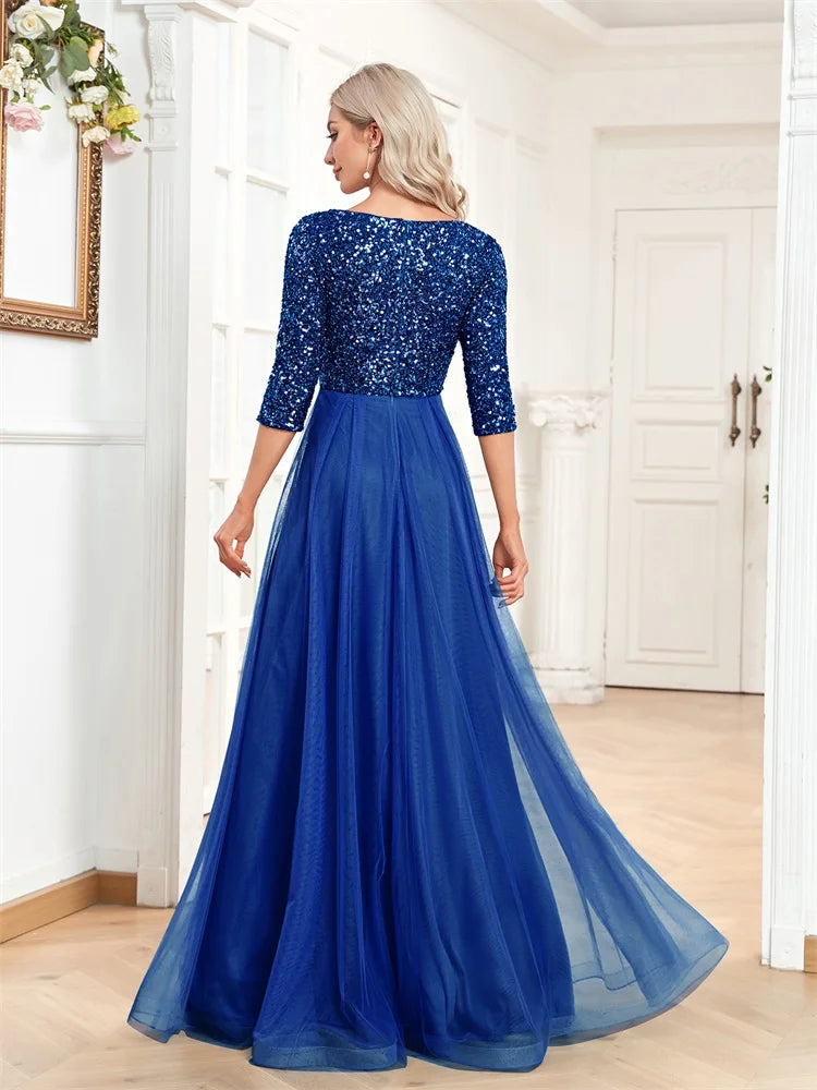 Luxury Floor Length V-Neck Tulle Evening Dress