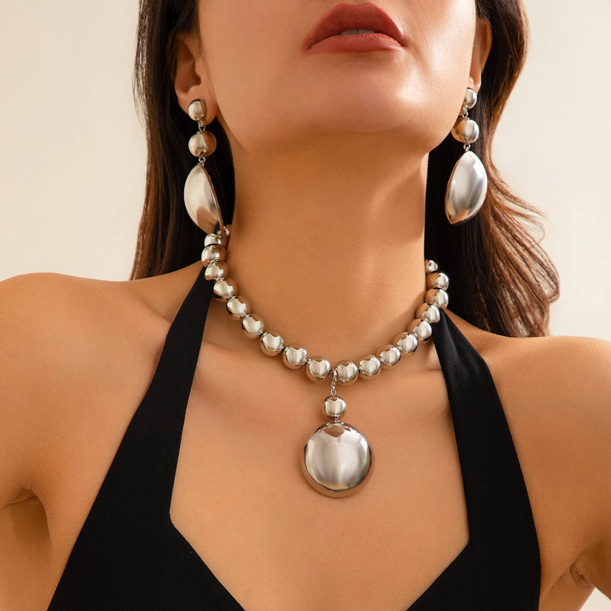Exaggerated Large Half Ball Bead Pendant Necklace Punk Acrylic CCB Ball Bead Chain Choker Women's Banquet Party Jewelry Set
