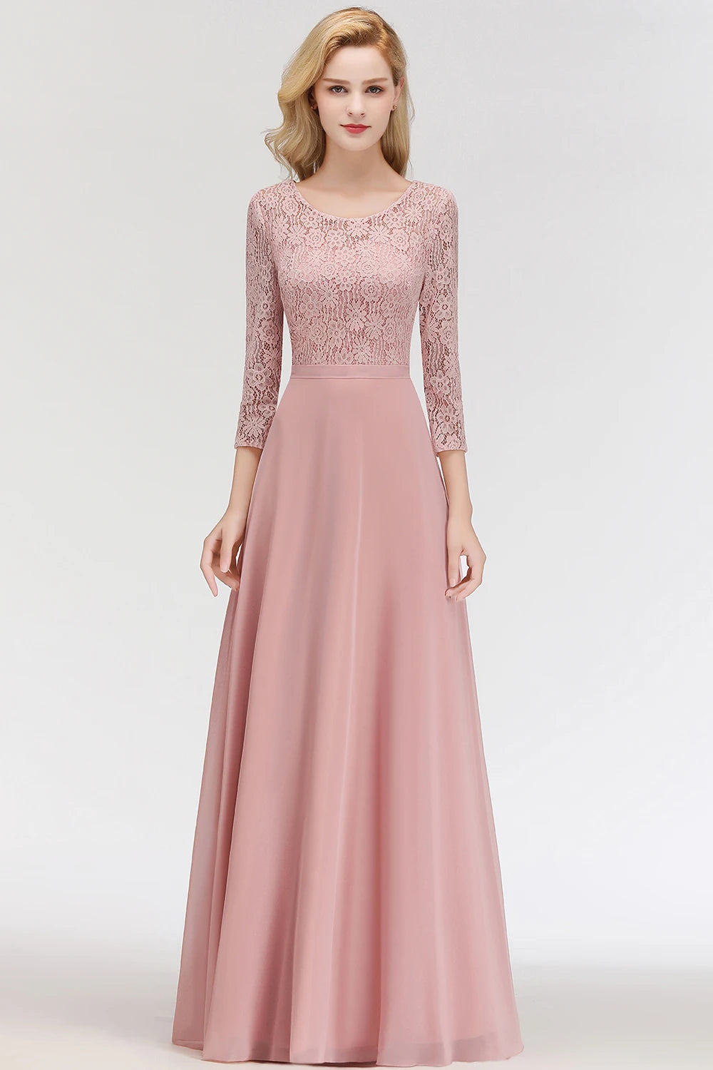BABYONLINE In Stock Bridesmaid Gown Long Sleeve Floral Lace Appqulies Chiffon A-line Skirt Boho Wedding Party Guest Gown