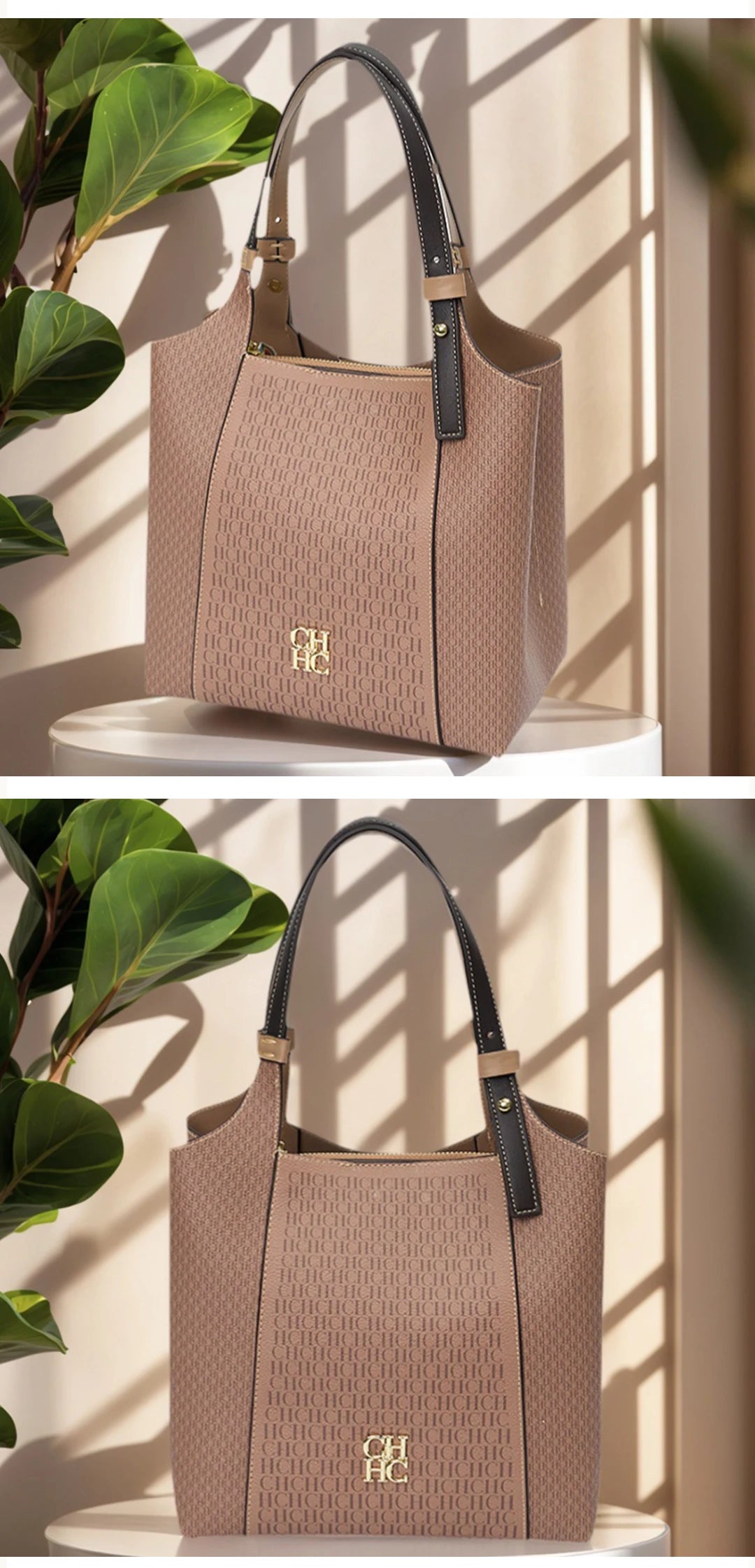 CH Light Luxury Maillard Tone Monogram Print Women's Tote Bag - Large-Capacity Multifunctional Stylish Handbag