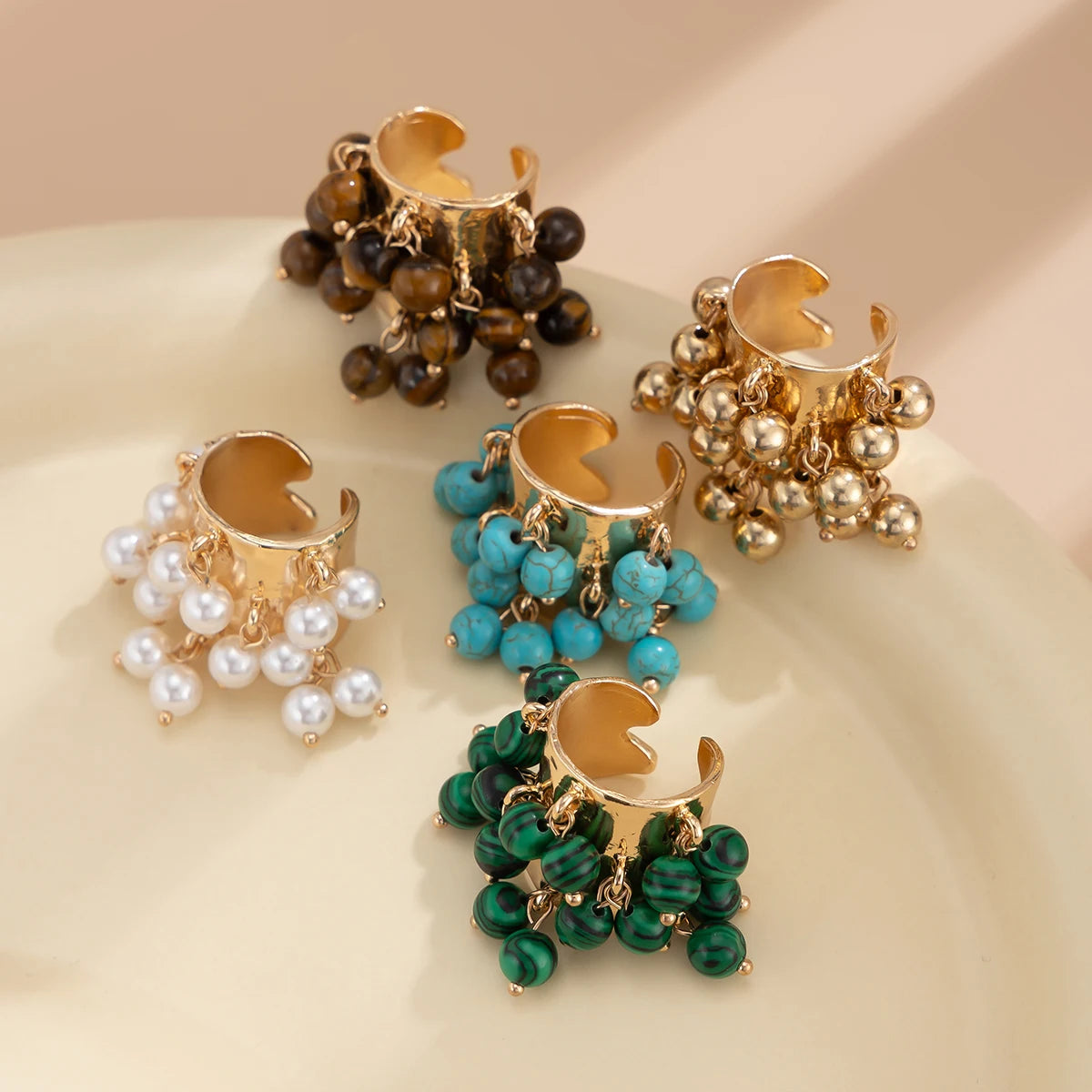 KunJoe Vintage Colourful Natural Stone Beads Open Ring Women Bohemian Imitation Pearl Chunky Wide Finger Rings Party Accessories