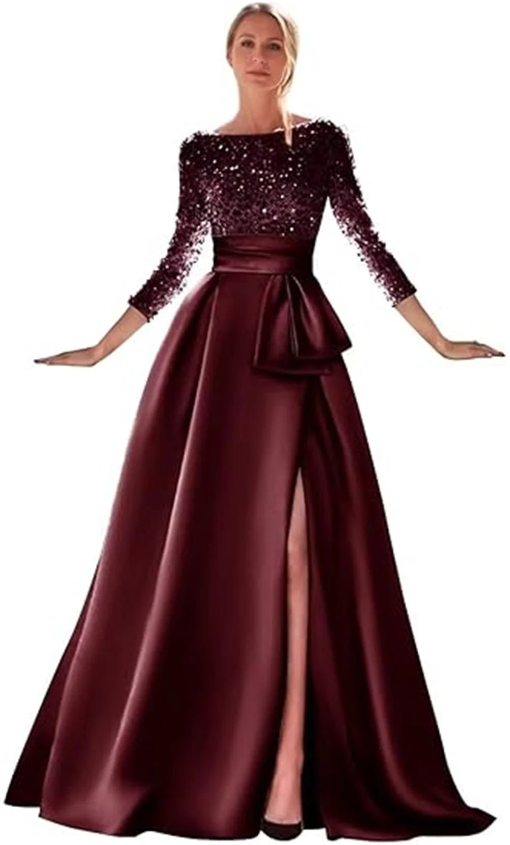 Long Sleeves Mother Of The Bride Dresses For Wedding Sparkly Sequin Ball Gowns Side Slit Satin Formal Party Prom Gown