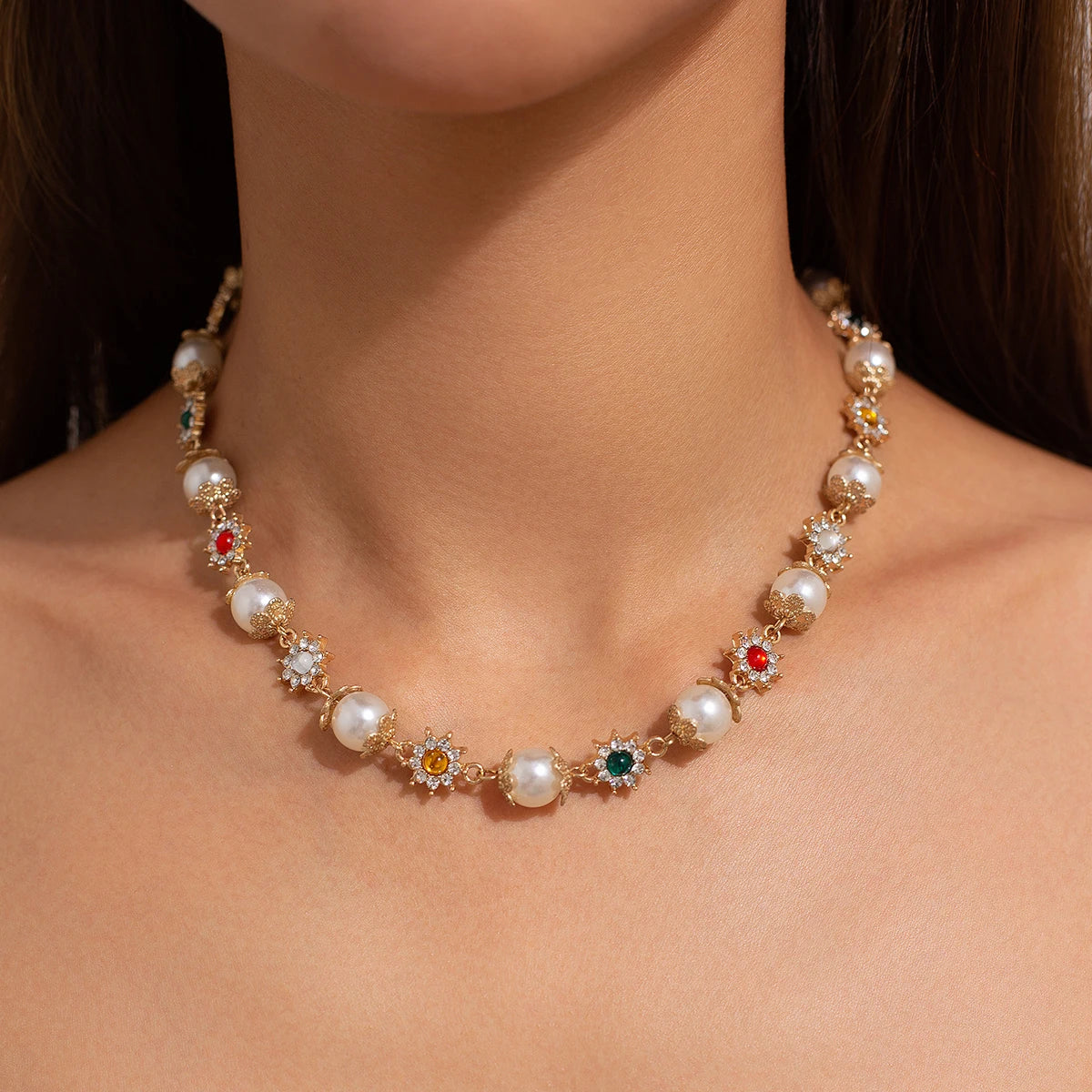 Salircon Luxury Rhinestone Flowers Beads Choker Necklace for Women Elegant Imitation Pearl Clavicle Chain Wedding Party Jewelry