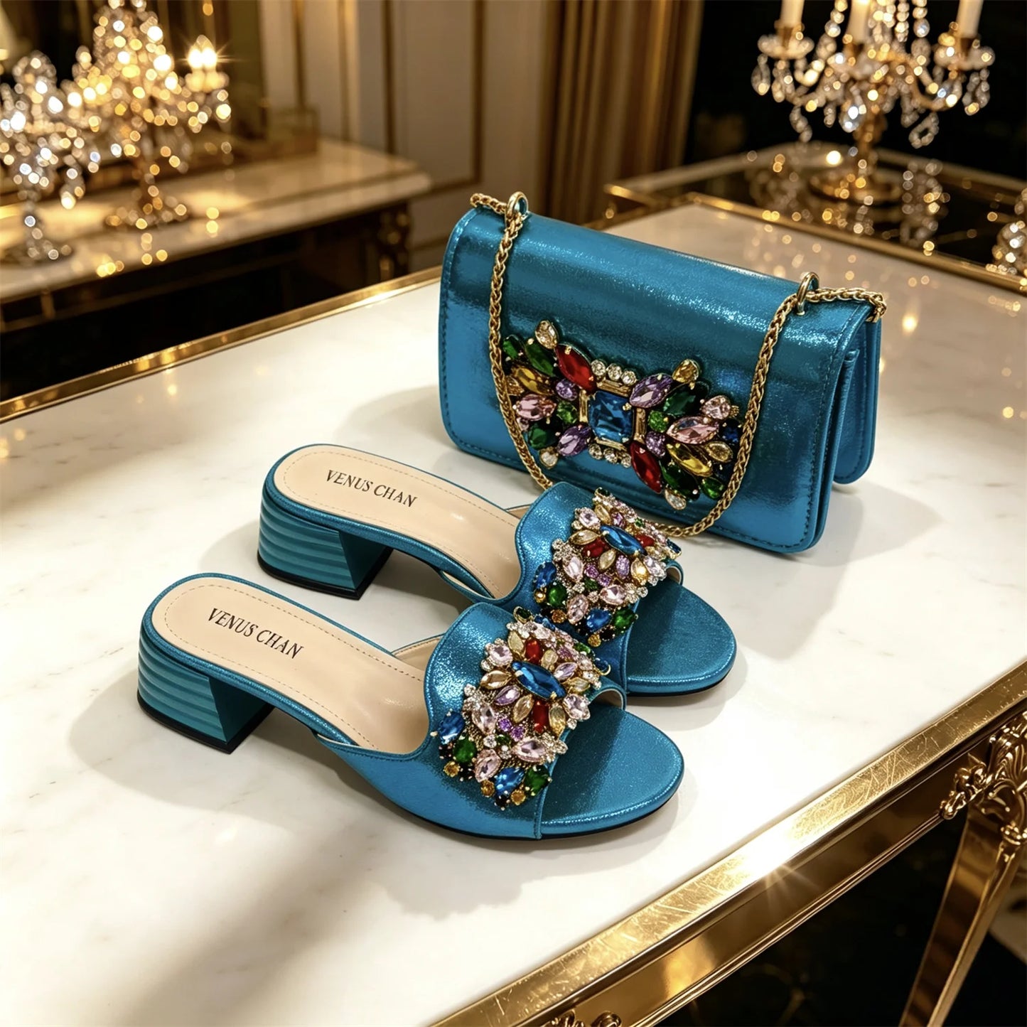 2026 Sky Blue Metallic Rhinestone Mules with Matching Crossbody Bag - Women's Block Heel Sandals for Wedding and Evening Parties
