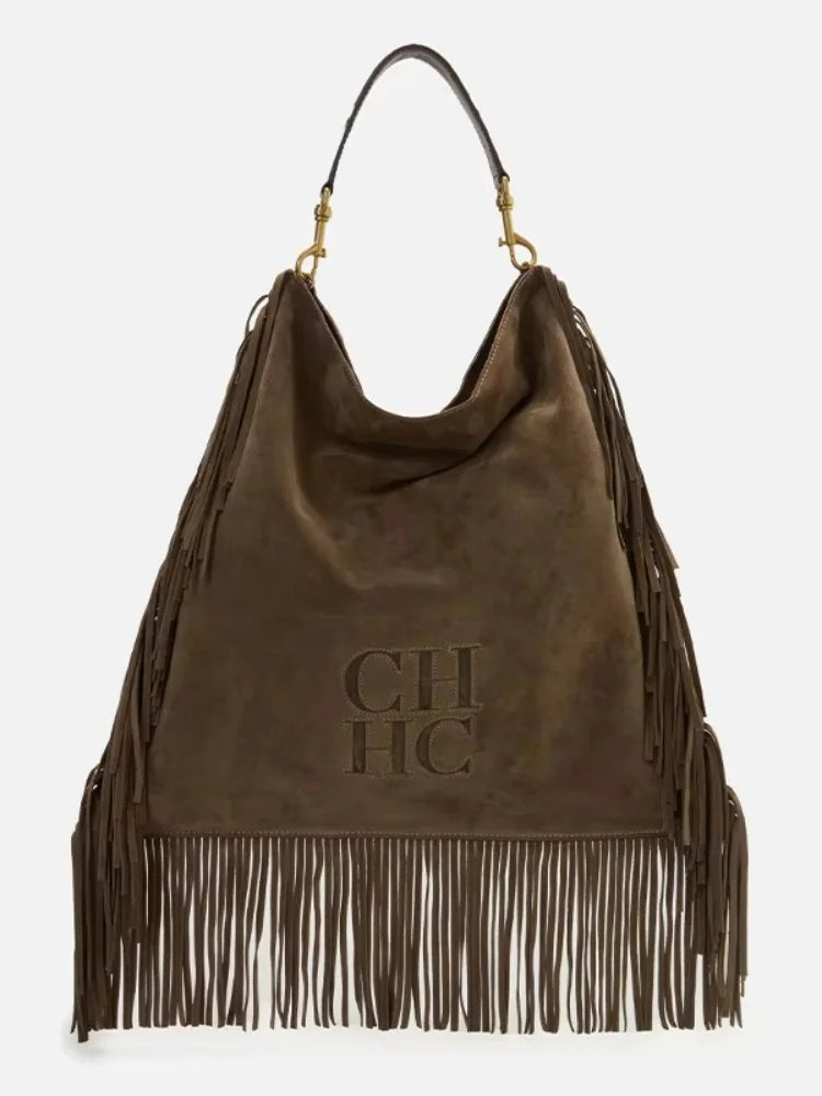 CH Leather Suede Fringe Hobo Bag Brown Large Capacity Tassel Shoulder Bag Retro Western Style Casual Handbag For Women Daily