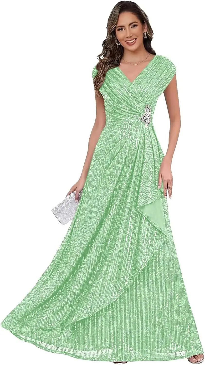Sparkly Sequin A Line Mother of The Bride Dresses for Women Ruffles Long Formal Dress V Neck Evening Party Gown Dress