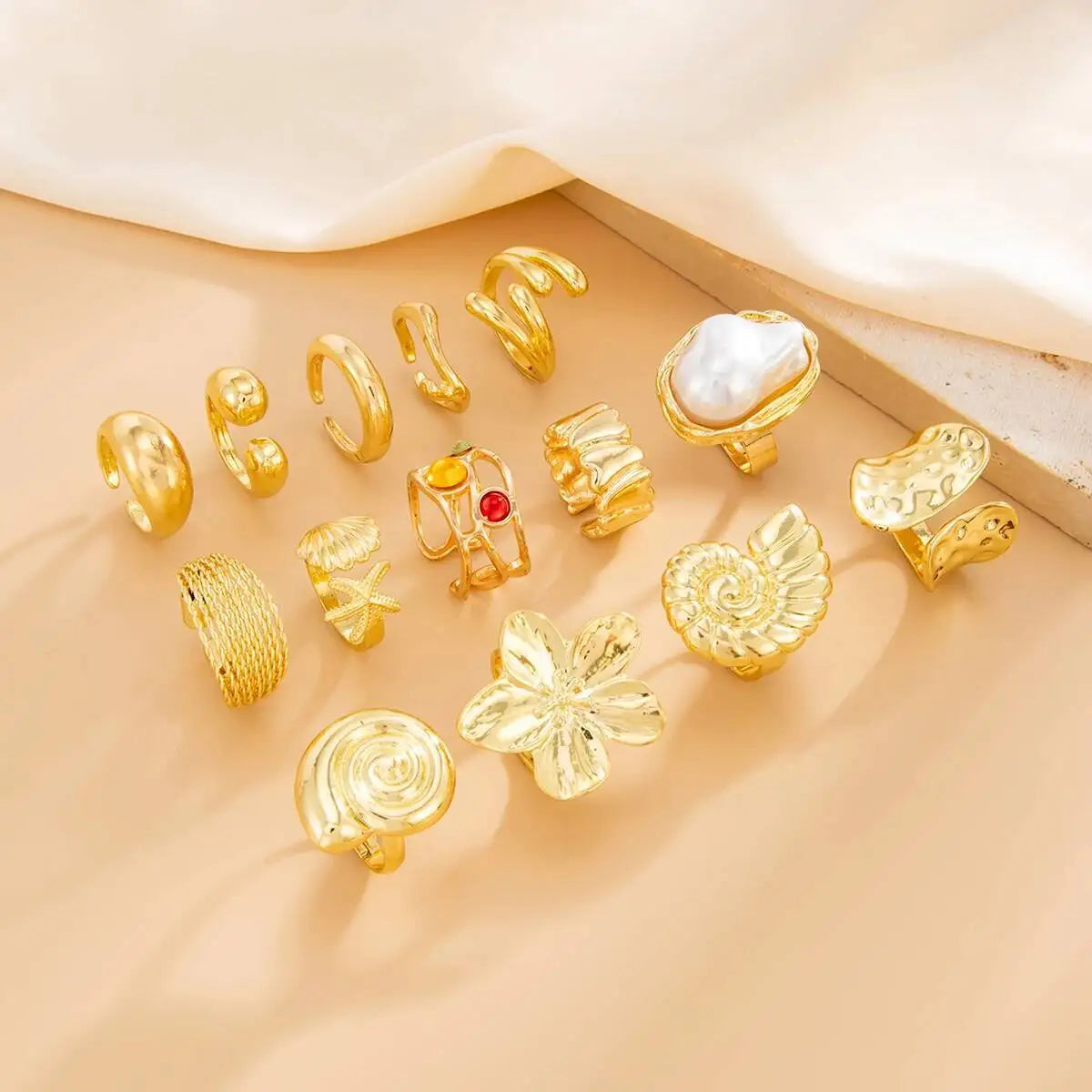 Salircon 14 Pcs/Set Hip Hop Creative Flower Conch Rings for Women Men Punk Gold Color Imitation Pearl Knuckle Joint Ring Jewelry