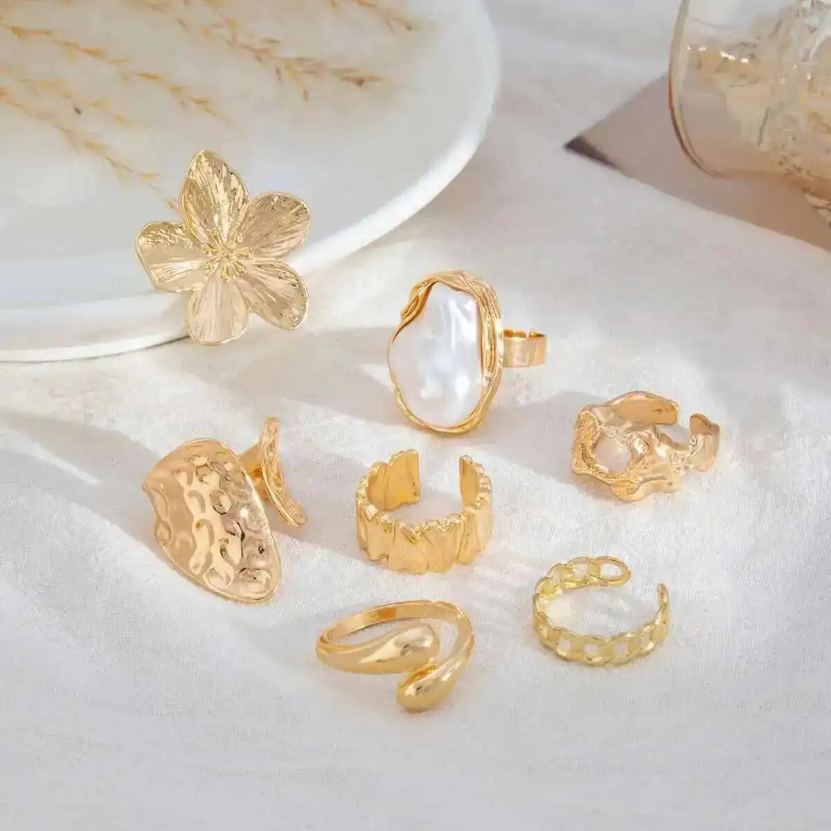 KunJoe 7Pcs/Set Imitation Pearl White Flower Open Ring for Women Trendy Geometry Water Drop Adjustable Finger Ring Jewelry Gift