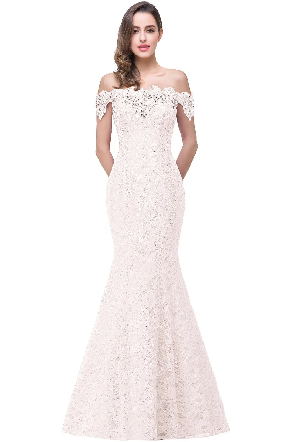 Lace Mermaid Long Bridesmaid Dresses Off The Shoulder Beading Elegant Burgundy Blue Ivory Wedding Formal Party Prom Gown Vestido
