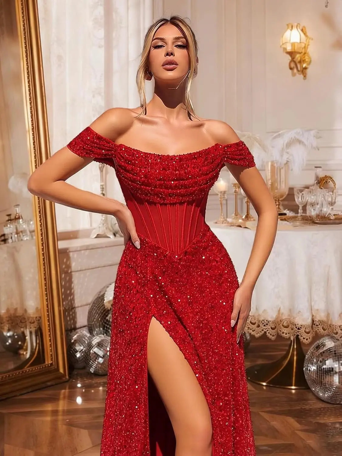 Customized Sparkly Sequins Prom Dresses for Women Off Shoulder Strapless A Line Formal Evening Dress with Side Slit