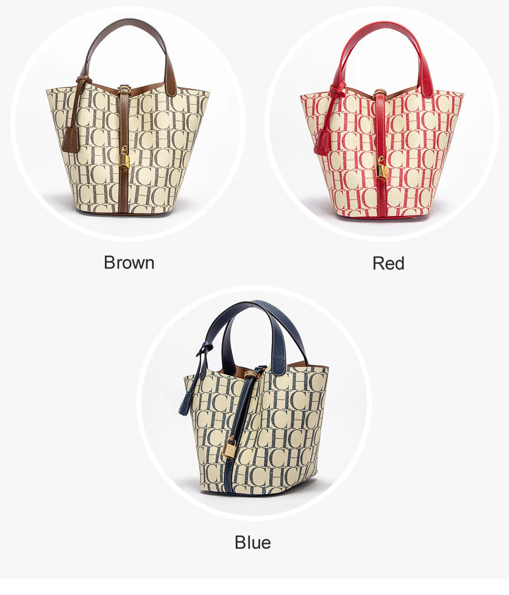 CH Tote Bag For Women Luxury Monogram Leather Handbag Fashion Top Handle Bag Elegant Lock Bucket Bag For Daily Commute