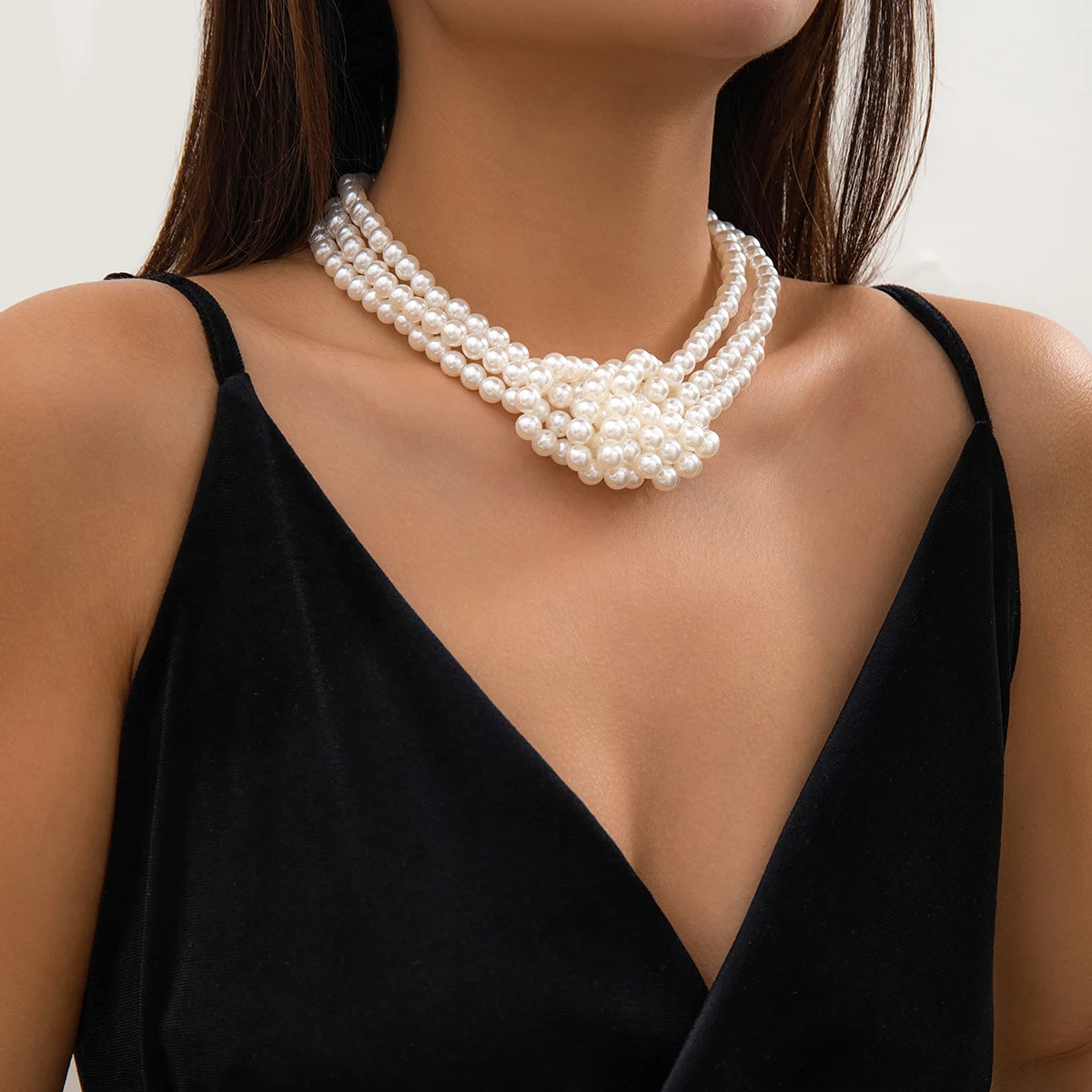 Salircon Gothic Multi-layer Imitation Pearl Chain Necklace Punk Knot Bead Chain Choker Necklace Women's Banquet Party Jewelry