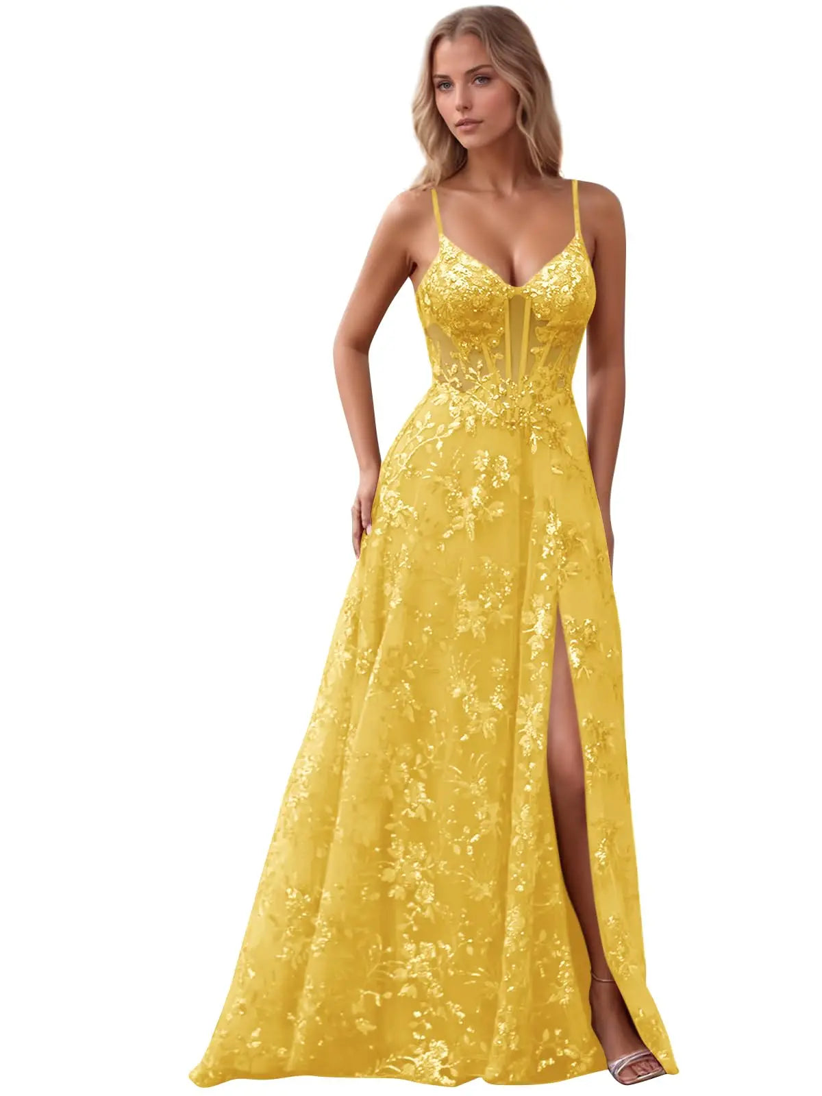 Spaghetti Strap Tulle Appliques Prom Dresses with Slit V Neck Sequin Evening Gown Women Formal Pageant Dress Long Party Dresses