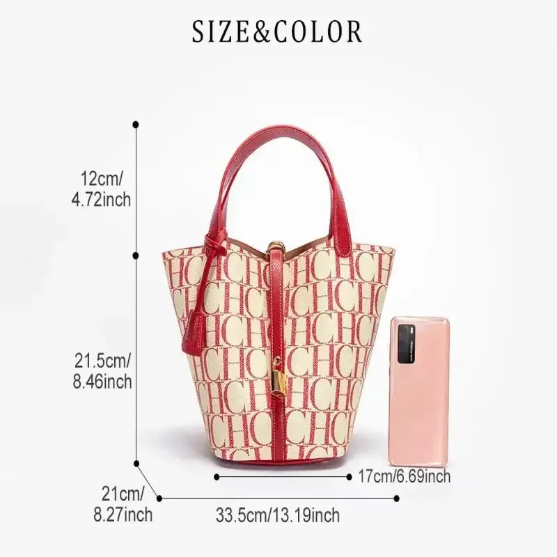 CH Tote Bag For Women Luxury Monogram Leather Handbag Fashion Top Handle Bag Elegant Lock Bucket Bag For Daily Commute