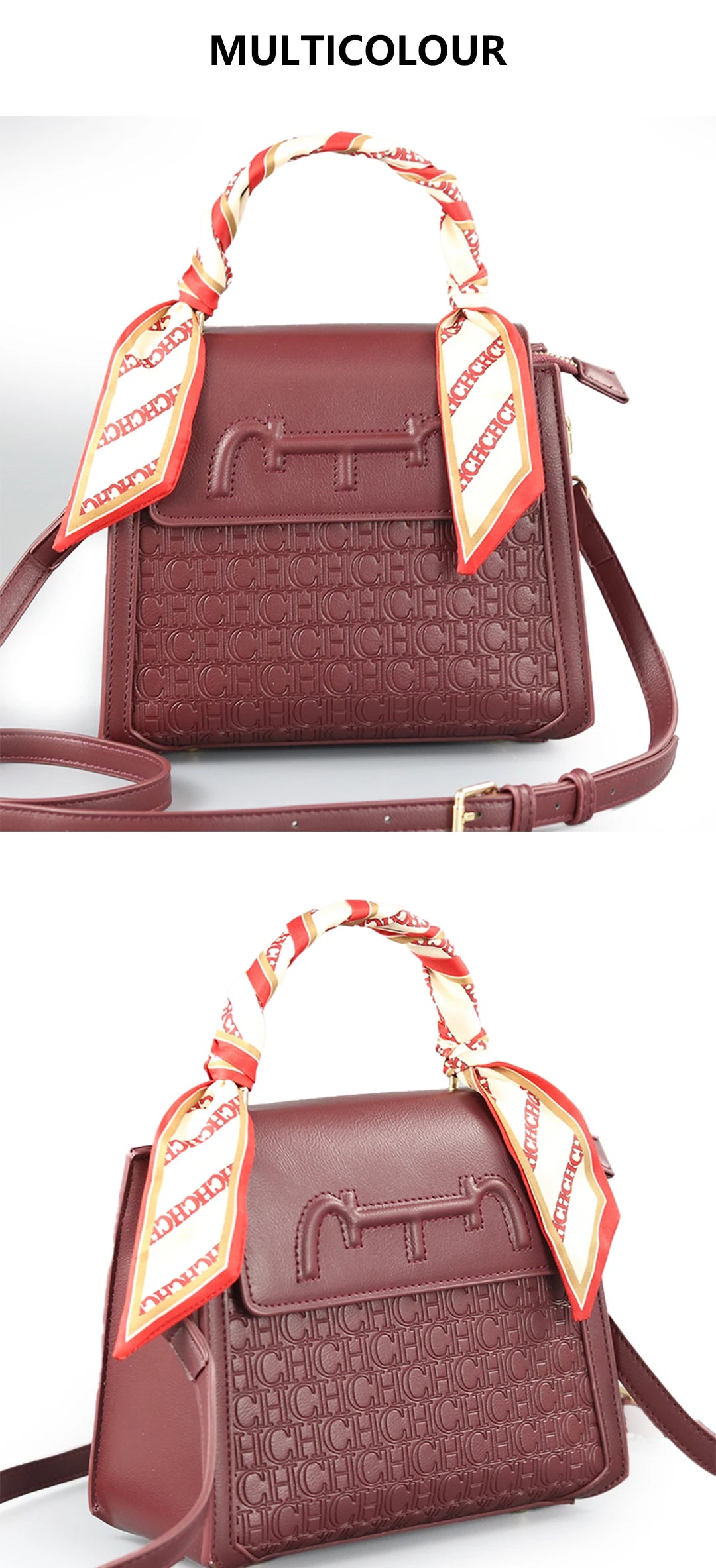 CH Women's Monogram Embossed Crossbody Bag with Scarf Handle & Horsebit Detail Fashion Shoulder Bag for Daily/Party