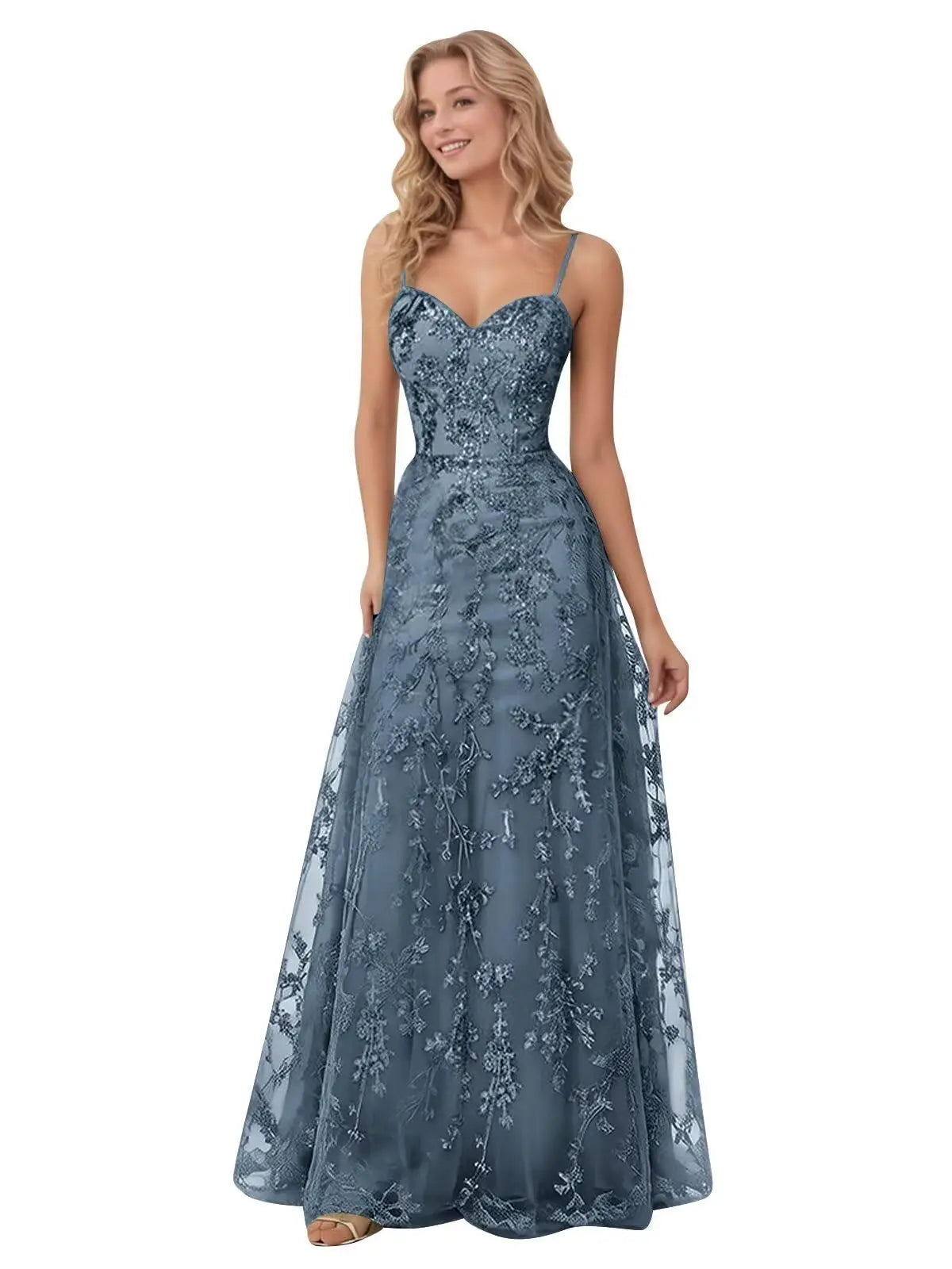 Tulle Formal Dress Laces Spaghetti Strap Sparkly Prom Dress for Women Long Evening Party Gown Formal Dress Women Elegant