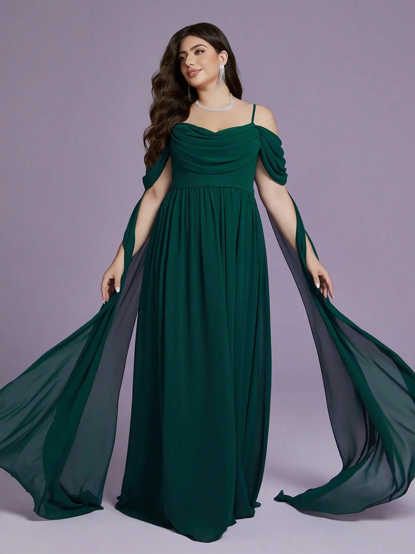 Mgiacy high-end evening dress with one-shoulder halter, pearl chiffon, chest-wrapped and fluttered sleeves