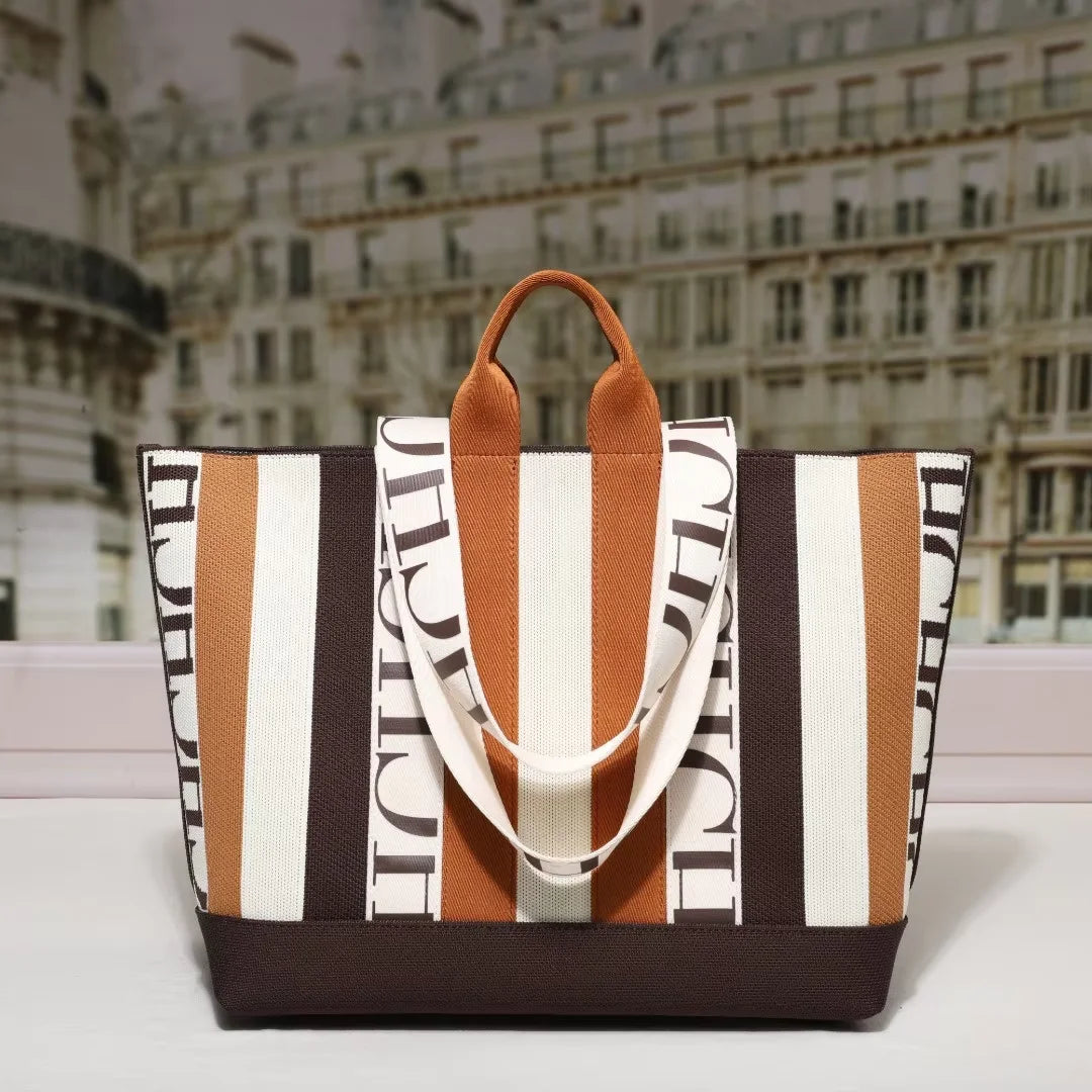 Women's Tote Bag Simple Stripe Design Women's Shoulder Bag Letter Print Large Capacity Commuter Style Classic Ladies Crossbod