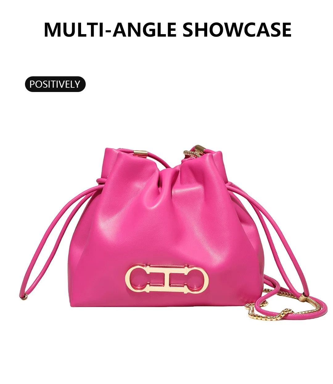 Elegant Drawstring Bucket Bag 2026 Shoulder Handbag with Gold CH Logo Versatile Chain Strap Crossbody Purse for Ladies