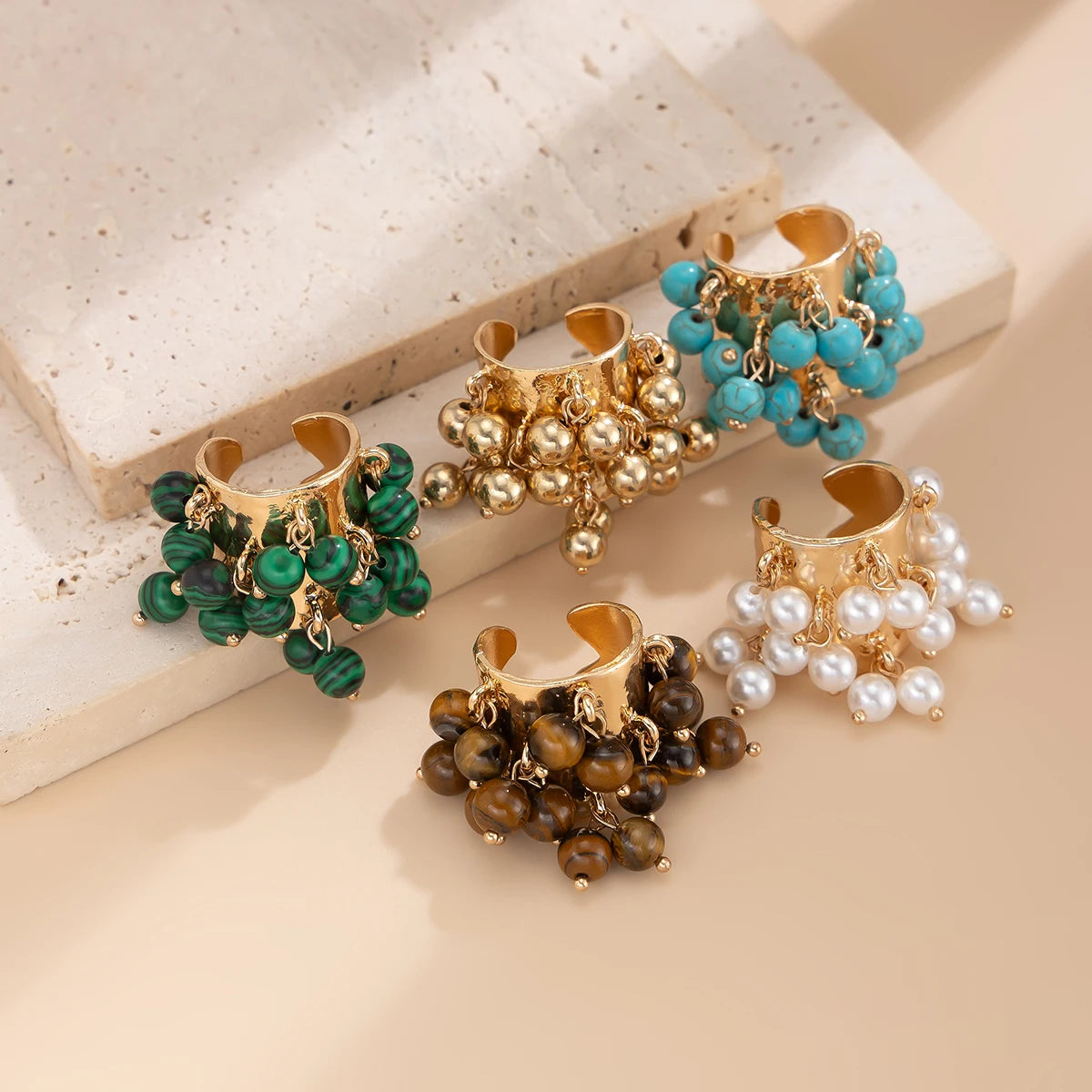 Salircon Trendy Imitation Pearl Stone CCB Small Ball Ring Women's Man 2024 Vintage Street Punk Hip Hop Ring Female Jewelry