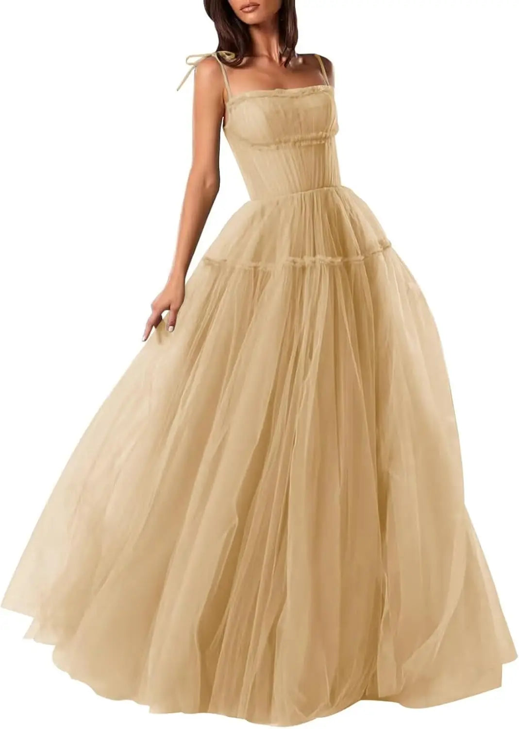 Women's Tulle Prom Dresses Spaghetti Straps Bridesmaid Dresses Long A Line Foraml Evening Party Gowns Tiered Fluffy Skirt Dress