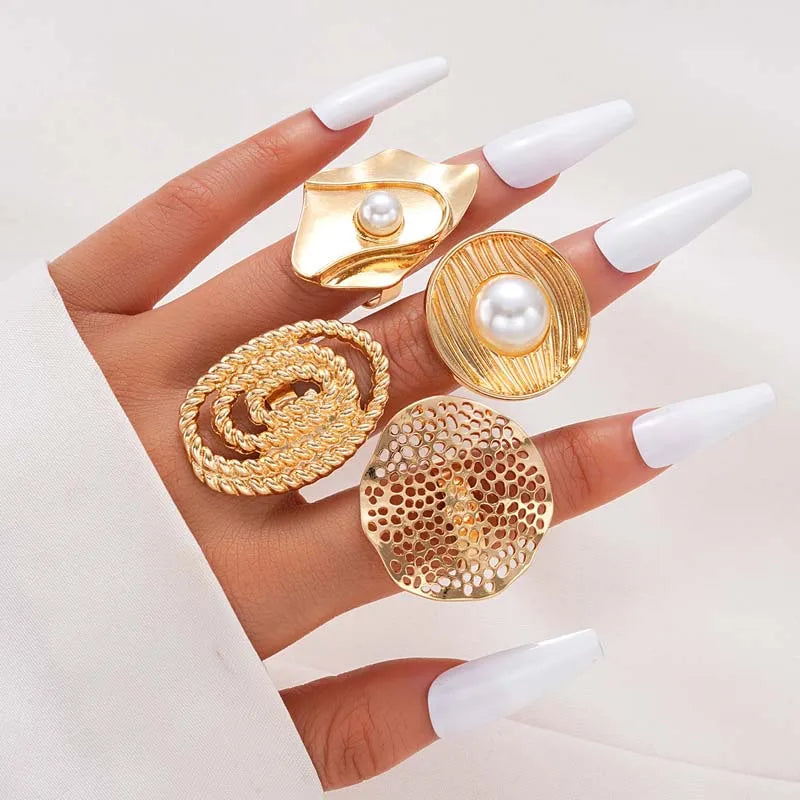 4Pcs/Set Fashion Gold Color Imitation Pearl Flower Chunky Rings Set For Women Exaggerated Metal Hollow Geometric Ring Jewelry
