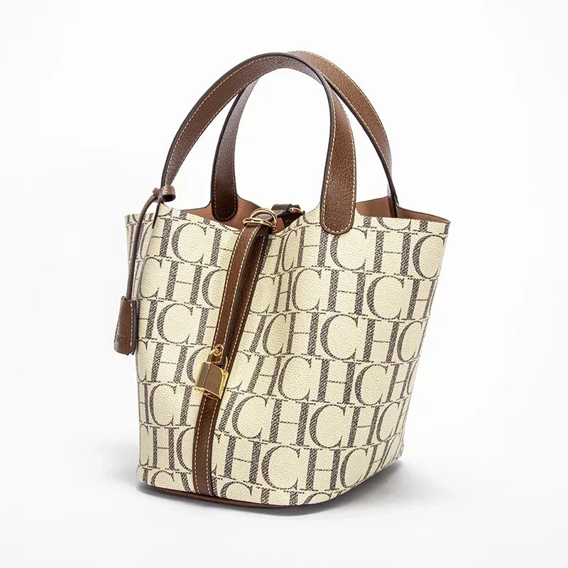 CH Tote Bag For Women Luxury Monogram Leather Handbag Fashion Top Handle Bag Elegant Lock Bucket Bag For Daily Commute