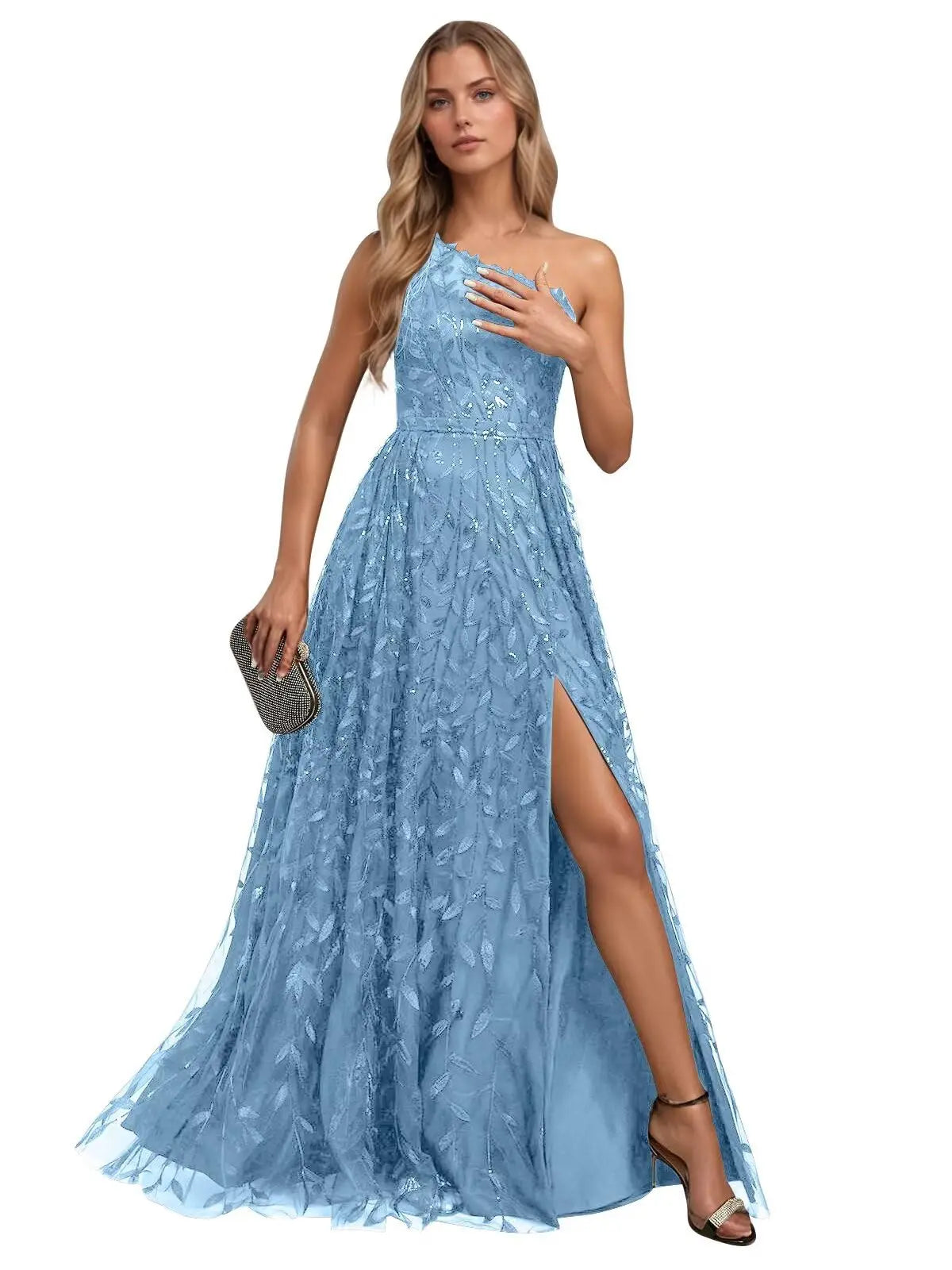 Lace Embroidered sequins Prom Dresses for Women One Shoulder Formal Party Dress Sleeveless Maxi Evening Gown with Slit