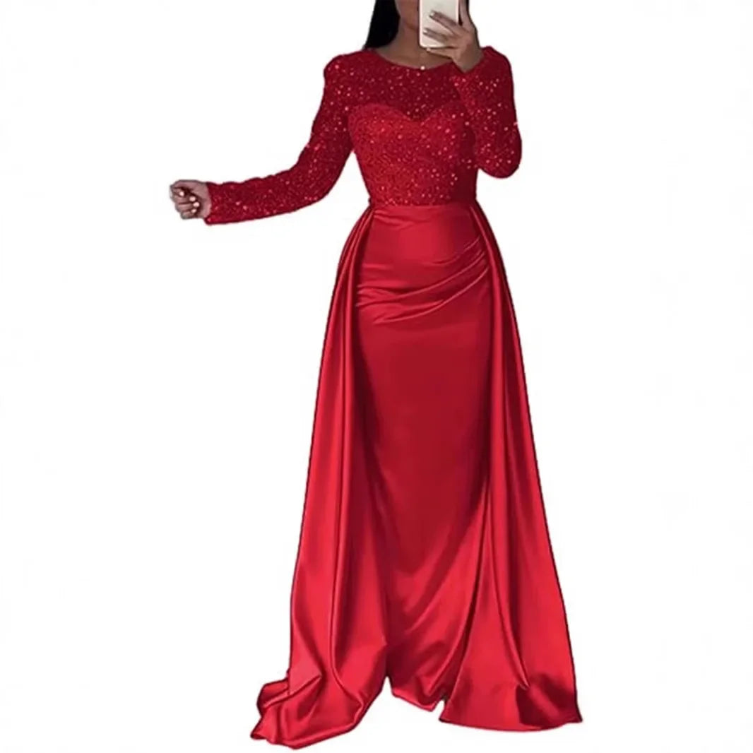Shiny Sequin Evening Dress Long Sleeve Women's Style Queen Atmosphere Hostess Annual Ball Ceremony Chic Lady Fashionable Mommy O