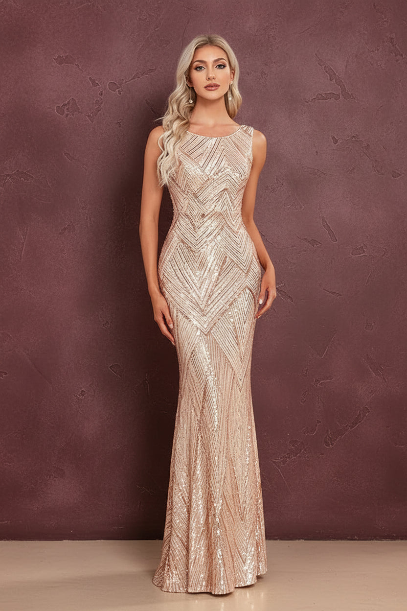 Round Neck Gorgeous Rose Gold Formal Party Dress