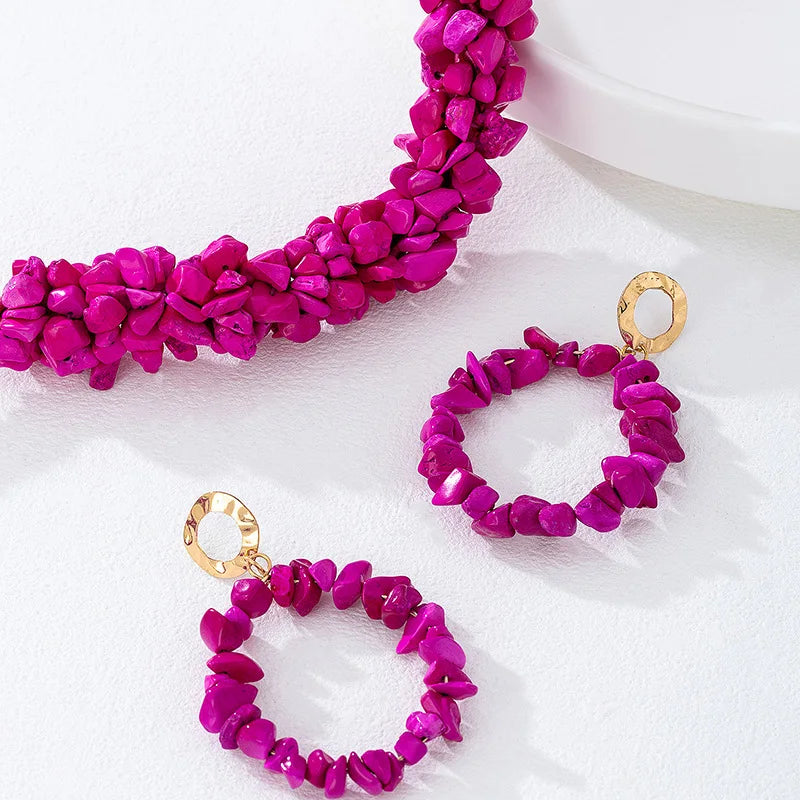 Vintage Rose Red Stone Hand Short Necklace Stud Earrings Set for women girls holiday party gift S284